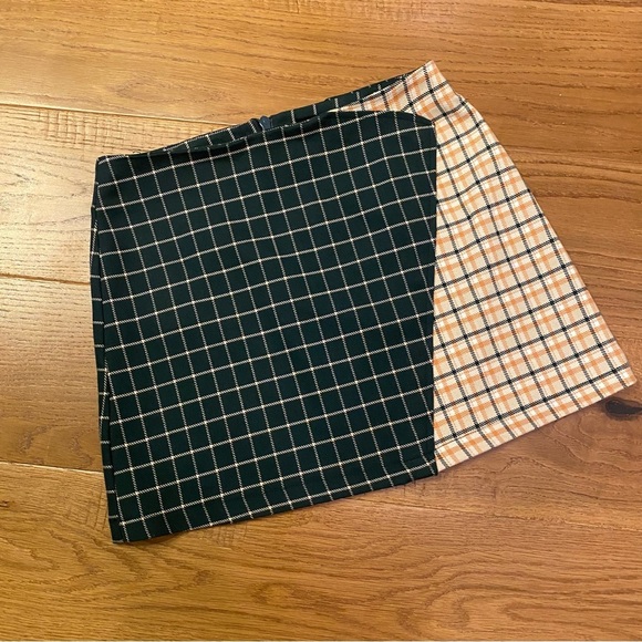 Urban Outfitters Plaid Faux Wrap Color Block Mini Skirt Yellow Green - Size XS - Picture 3 of 7